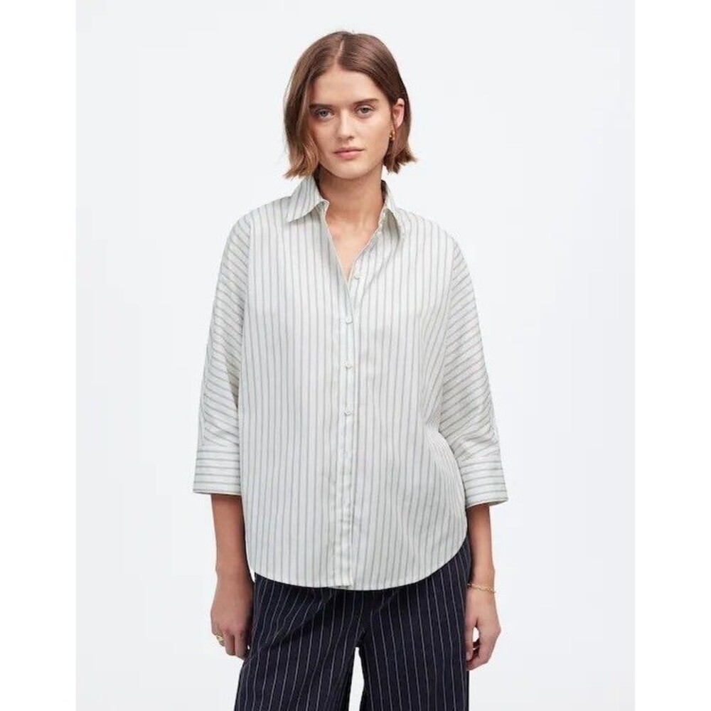 MADEWELL Poplin Oversized Button-Up Shirt S Stripe White 3/4 Sleeve NWT B18